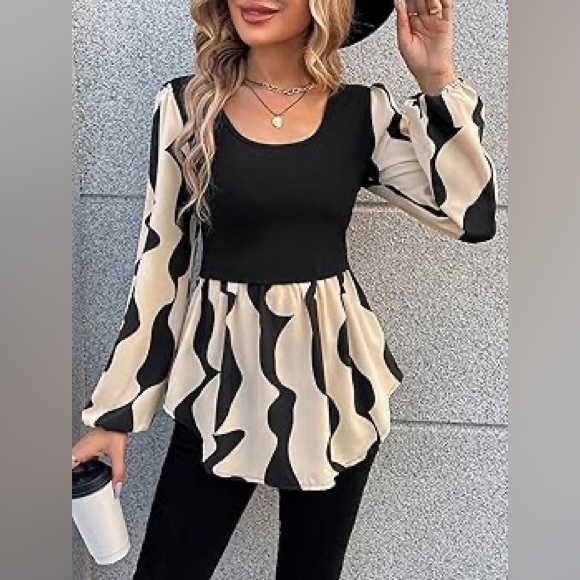 SHEIN Tops - (B5) Shein Chic Contrast Lantern Sleeve Peplum Blouse Black Cream Abstract M 6